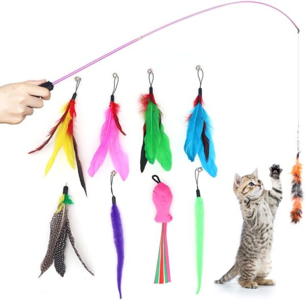 SLSON 14 Pack Cat Teaser Toy 2 Retractable Interactive Cat Wand and 12 Colourful Replaceable Cat Feather Toys with Bells For Indoor Cat and Kitten Catcher - Image 2