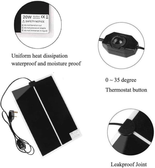 Reptile Heating Mat with Temperature Adjustment, PeSandy 20W Non-Adhesive Heat Pad for Reptiles Tortoise Snakes Lizard Gecko Hermit Crab Turtle Amphibians - Removable Under Tank Heat Pad(16.5x11 inch) - Image 3
