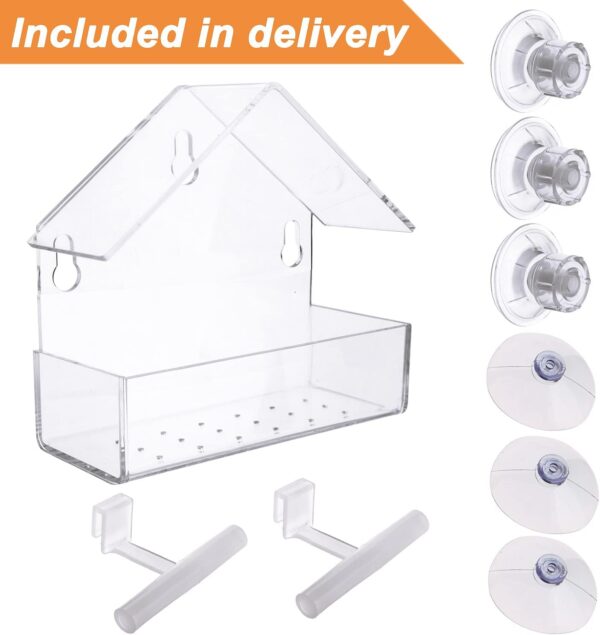 Extra Strong Suction Cups Window Bird Feeder with Drainage Holes. Windowsill Birdfeeders for Small Birds only. LIANGPIN Acrylic Clear House Shape Design - Image 6