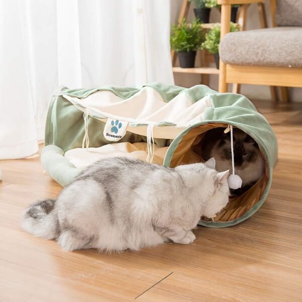 Cat Tunnel Bed with Cushion Mat, Cat Tunnel Toy Play Center with Collapsible Tube and Removable Thick Bed and 2 Hanging Scratching Balls, Peak Hole Hideout House for Cat Puppy Kitten (Green) - Image 6