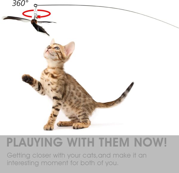 cobee Cat Wand Toys, Interactive Cat Toys with 2 Feather Refills, Cat Feather Propeller Wand Toy with Bell, Cat Feather Toys Replacement Refills, Indoor Cat String Toy for Kitten Training(Piebald) - Image 2