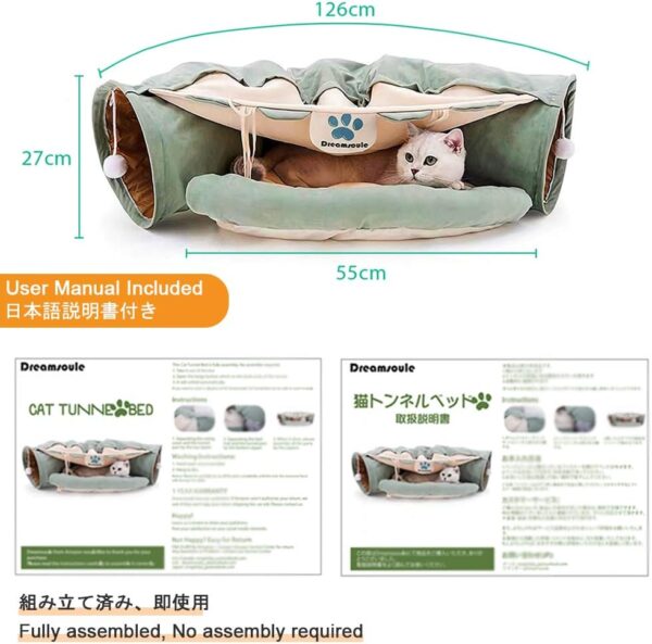 Cat Tunnel Bed with Cushion Mat, Cat Tunnel Toy Play Center with Collapsible Tube and Removable Thick Bed and 2 Hanging Scratching Balls, Peak Hole Hideout House for Cat Puppy Kitten (Green) - Image 2