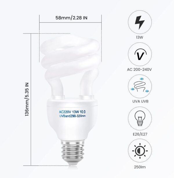 DoRight UVB Light Reptile Kit 10.0 13W, E27 Screw Base UVA UVB Bulb for Tortoise AC200-240V UVB Compact Fluorescent Lamp for Lizard Chameleon Leopard Gecko Vivarium Turtle Tank (1-Pack) - Image 6
