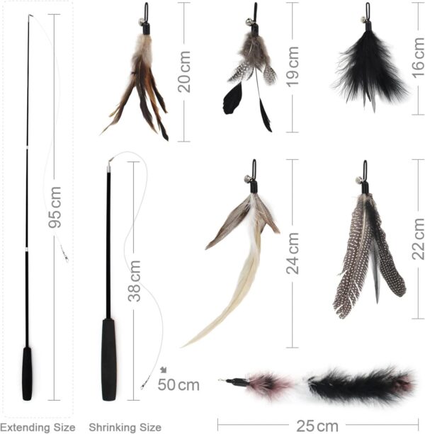 SONGWAY Cat Feather Stick Toy - 7 PCS Cat Feather Toys, 1 Cat Teaser Wand with 6 Feather Refills with Bell, Interactive Cat Toy Wand for Indoor Cat and Kitten, Black - Image 6