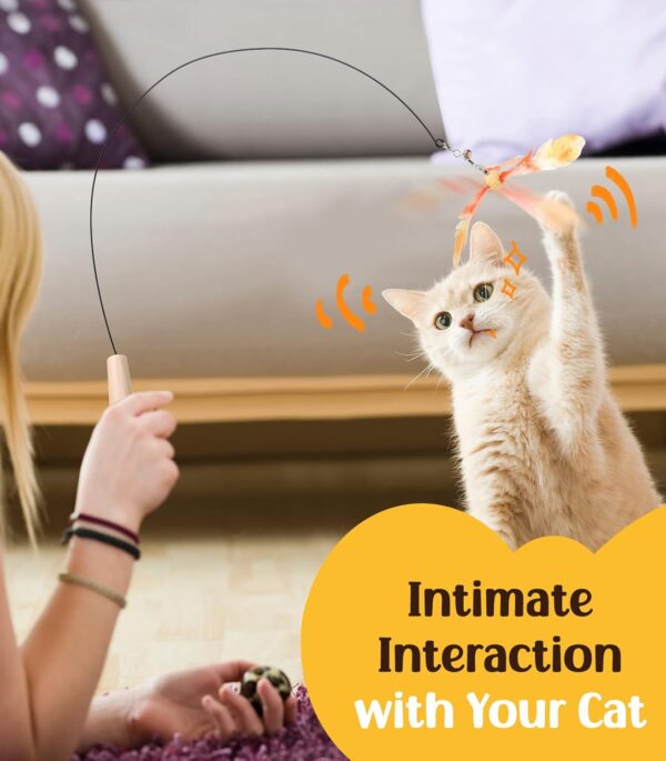 Pawaboo Feather Teaser Cat Toy, Interactive Feather Wand Cat Toy Flying Feather Cat Catcher with Extra Long 35" Wand and Small Bell, Fun Exerciser Playing Toy for Kitten or cat, Orange - Image 4