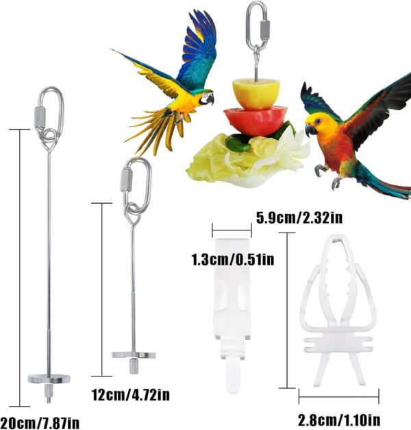 Budgie Food Holder,4PCS Stainless Steel Parrot Skewer Feeder and Plastic Bird Food Clips Set,Bird Treats Fruit Stick Holder Clip Foraging Toy for Parrot Budgie Parakeet Cockatiel Cage (Silver+White A) - Image 2