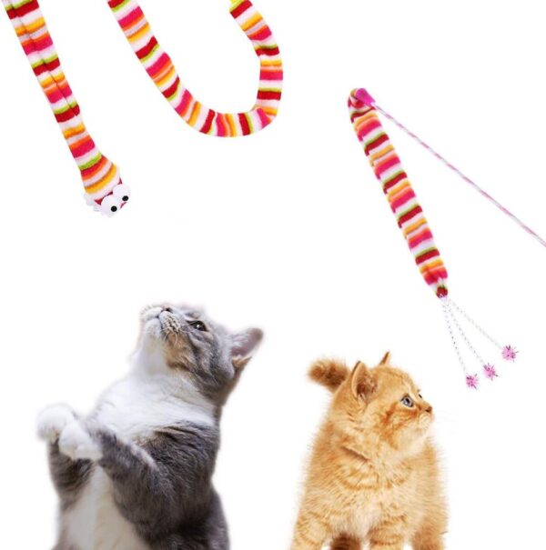 NEKOSUKI Cat Wand Rainbow Toy, 3 Styles Funny Interactive Cat Toys, Cuddly Stuffed Snake Cat Toy on Stick with Bell, Colorful Sounding Toys, Rainbow Ribbon Wand for Kittens Training - Image 7