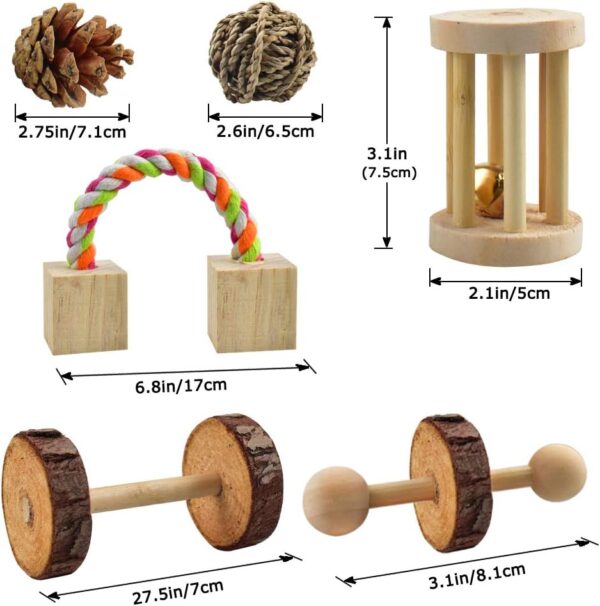 ERKOON Hamster Chew Toys 12 Pack Gerbil Rat Guinea Pig Chinchilla Toys Accessories, Natural Wooden Dumbbells Exercise Bell Roller Teeth Care Molar Toy for Hamster Rabbits Parrot Syrian - Image 5
