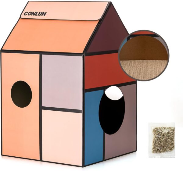 Conlun Cardboard Cat House with Cat Scratcher Pad&Catnip,Easy-to-Assemble Cat Scratch Cardboard House for Various Home Decor,Cat Scratching Board Toy for Indoor Cats&Small Animals Birthday - Image 9