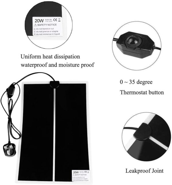 NEKOSUKI Reptile Heating Mat, 20W 16.5x11 inch Waterproof Reptile Heat Pad Under Tank Terrarium with Temperature Control, Safety Adjustable Reptile Heat Mat for Turtle, Tortoise, Snakes, Lizard, Gecko - Image 3
