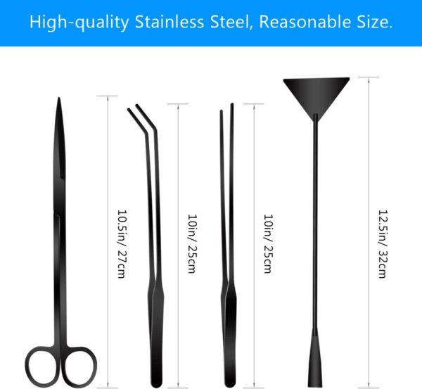 Aquarium Aquascape Tools Kit, 4 in 1 Anti-Rust Aquatic Plant Aquascaping Tool Stainless Steel Black Tweezers Scissors Spatula for Aquarium Tank Clean Fish Tank Aquascape Tools Sets (Black) - Image 2