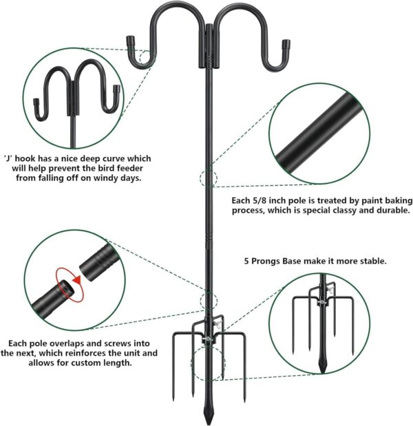 Shepherds Hook, 272 cm Adjustable Bird Feeder Pole with 5 Prongs Base, Heavy Duty Rustproof Double Shepards Hooks for Outdoor Hummingbird Feeder Stand, Solar Lights, Lanterns, Flower Basket, Black - Image 5