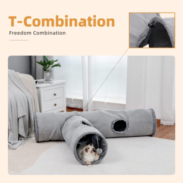 OHANA Collapsible Cat Tunnel Toy in suede, Large cat tunnels for indoor cats rabbits with 2 holes and suspended ball Dia30*130cm - Image 6