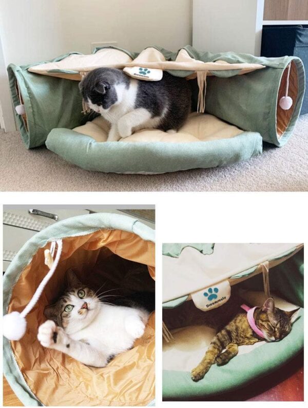 Cat Tunnel Bed with Cushion Mat, Cat Tunnel Toy Play Center with Collapsible Tube and Removable Thick Bed and 2 Hanging Scratching Balls, Peak Hole Hideout House for Cat Puppy Kitten (Green) - Image 7
