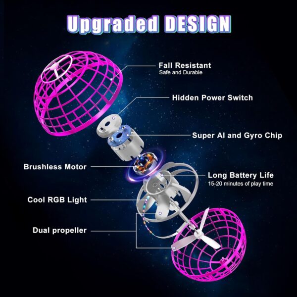XINHOME Flying Ball Orb Toys Hover Ball Pro Flying Spinner Toy UFO RGB Cool Stuff Globe Orbi Magic Boomerang Hand Controller Mini Drone for 8 9 10 11 12 boys girls Kids (Pink) - Image 2
