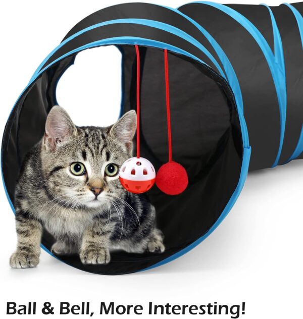 Pawaboo Cat Toys, Cat Tunnel Tube S-Shaped Tunnels 25x97cm Extensible Collapsible Cat Play Tent Interactive Toy Maze Cat House with Balls and Bells for Cat Kitten Kitty Rabbit Small Animal, Blue - Image 4