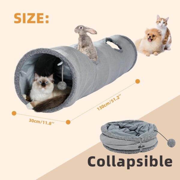 OHANA Collapsible Cat Tunnel Toy in suede, Large cat tunnels for indoor cats rabbits with 2 holes and suspended ball Dia30*130cm - Image 2