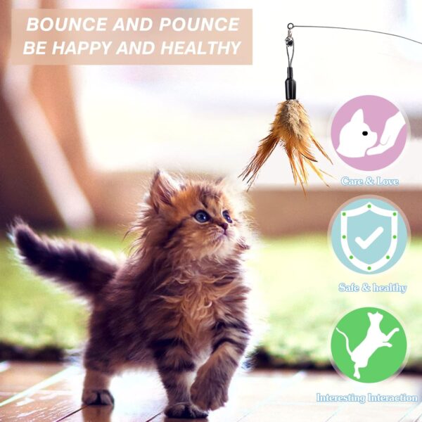 Pawaboo Feather Teaser Cat Toy, Interactive Feather Wand Cat Toy Flying Feather Cat Catcher with Extra Long 34.5" Wand and Small Bell, Fun Exerciser Playing Toy for kitten or cat, Brown Feather - Image 7