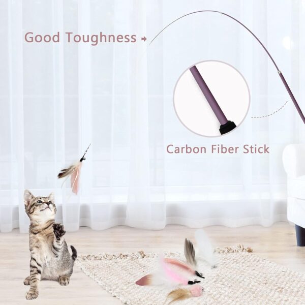 SONGWAY Cat Feather Stick Toy - 7 PCS Cat Feather Toys, 1 Cat Teaser Wand with 6 Feather Refills with Bell, Interactive Cat Toy Wand for Indoor Cat and Kitten, Pink - Image 5