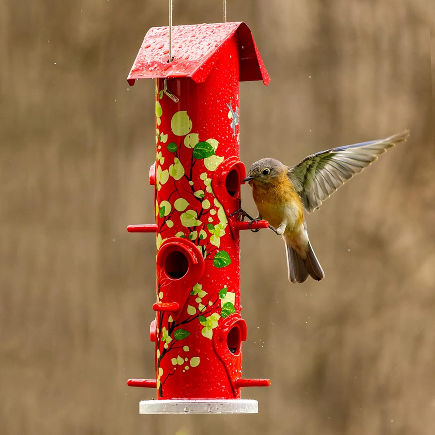 Kingsyard Tube Bird Feeders for Outdoors Hanging, 6-Ports Metal Bird Feeder, 14 inch, Durable & Weatherproof, Large Capacity for Attracting Wild Birds (Red) - Image 9