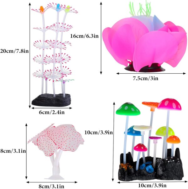 CCCYMM 4 Pack Glowing Fish Tank Decorations Plants, Glow Aquarium Decorations, Glowing Mushroom Coral Plant Ornaments - Image 2