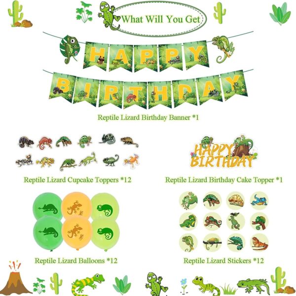 PRATYUS Reptile Lizard Party Decorations, Lizard Jungle Wild Party Supplies with Happy Birthday Banner, Lizard Stickers, Cake Toppers, Balloons for Kids Swamp Safari Animal Theme Party - Image 2