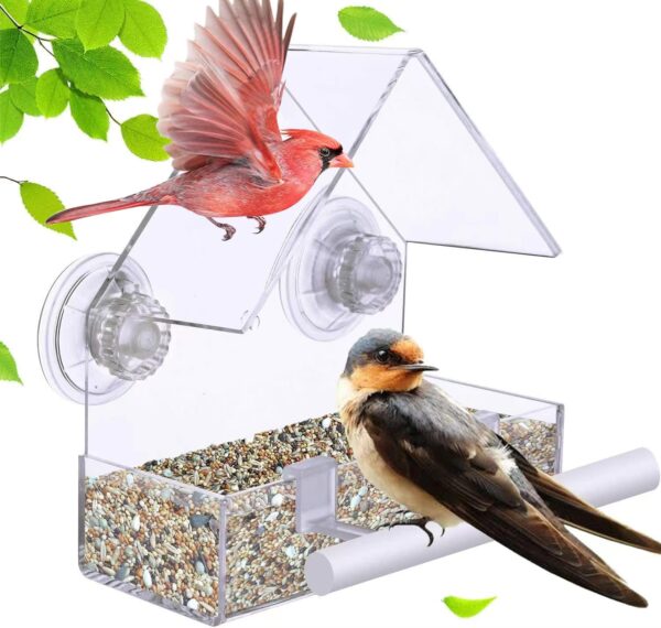 Extra Strong Suction Cups Window Bird Feeder with Drainage Holes. Windowsill Birdfeeders for Small Birds only. LIANGPIN Acrylic Clear House Shape Design - Image 2