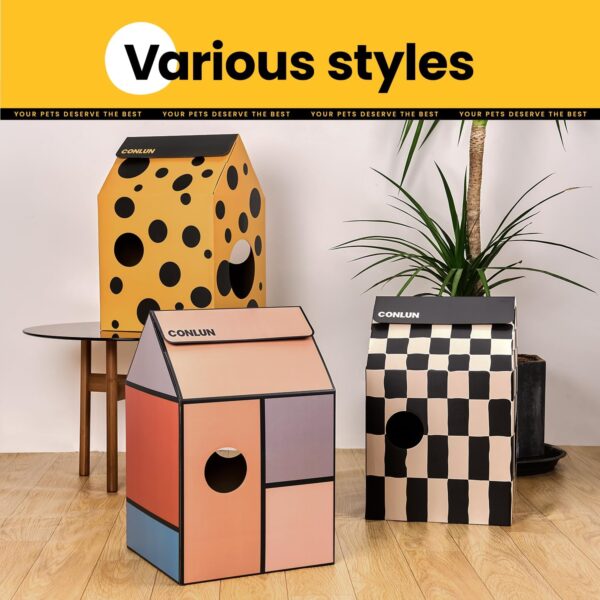 Conlun Cardboard Cat House with Cat Scratcher Pad&Catnip,Easy-to-Assemble Cat Scratch Cardboard House for Various Home Decor,Cat Scratching Board Toy for Indoor Cats&Small Animals Birthday - Image 6