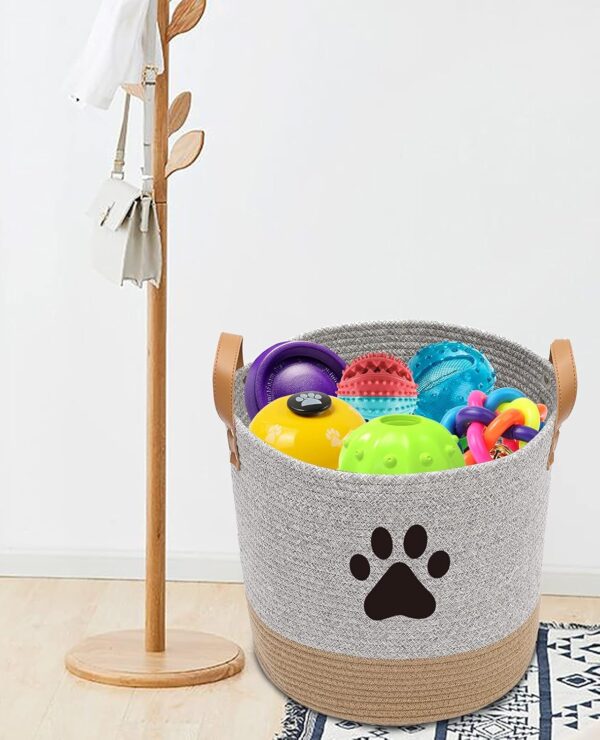 Cotton rope dog toy basket, puppy toy basket, puppy bins, laundry basket blanket storage bin - Perfect for organizing pet toys, blankets, leashes - Gray Beige - Image 7
