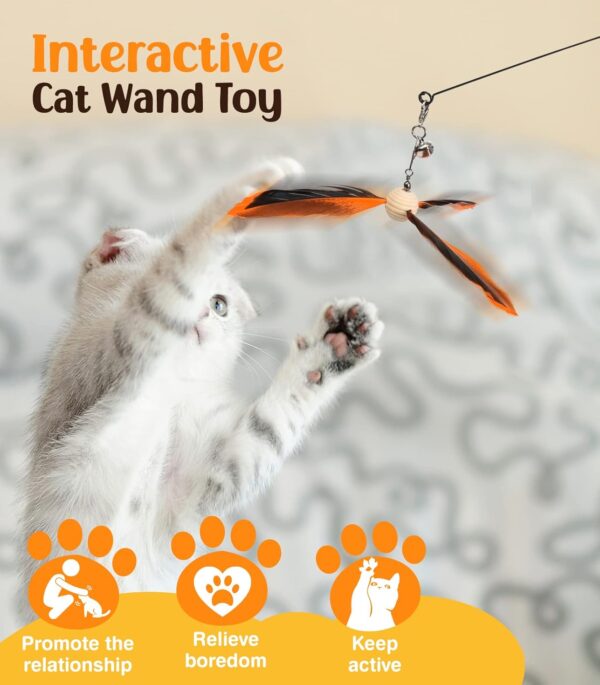 Pawaboo Feather Teaser Cat Toy, Interactive Feather Wand Cat Toy Flying Feather Cat Catcher with Extra Long 35" Wand and Small Bell, Fun Exerciser Playing Toy for Kitten or cat, Orange - Image 3