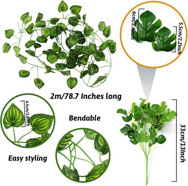 QUOZUO Reptile Hanging Plants Terrarium Fake Monstera Hanging Plants Vines Artificial Leaves Reptile Hide with Suction Cup, Leopard Gecko Tank Accessories for Bearded Dragon Lizard Snake - Image 3