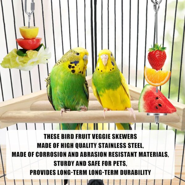 Budgie Food Holder,4PCS Stainless Steel Parrot Skewer Feeder and Plastic Bird Food Clips Set,Bird Treats Fruit Stick Holder Clip Foraging Toy for Parrot Budgie Parakeet Cockatiel Cage (Silver+White A) - Image 3