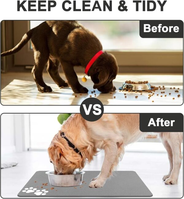 Mavicen Pet Feeding Mat, 43 * 75cm Absorbent Dog Water Bowl Mat, Personalised Dog Food Mats for Floors, Non Slip Feeding Bowl Matt, Pet-friendly Placemat for Dogs Cats, Light Grey (Paw Pattern) - Image 3