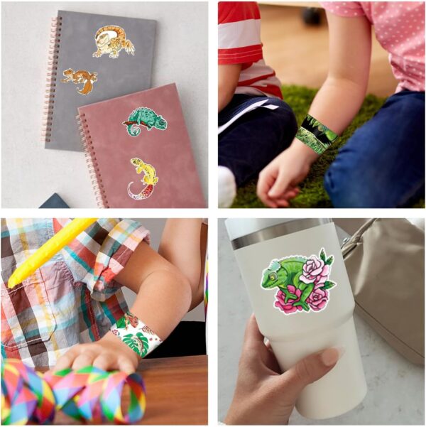 86PCS Reptile Party Favors 50PCS Reptile Stickers 36PCS Reptile Slap Bracelets Alligator Lizard Gecko Snake Turtle Snap Bracelet Reptile Stickers for Kids Reptile Party Supplies Decorations Gifts - Image 5