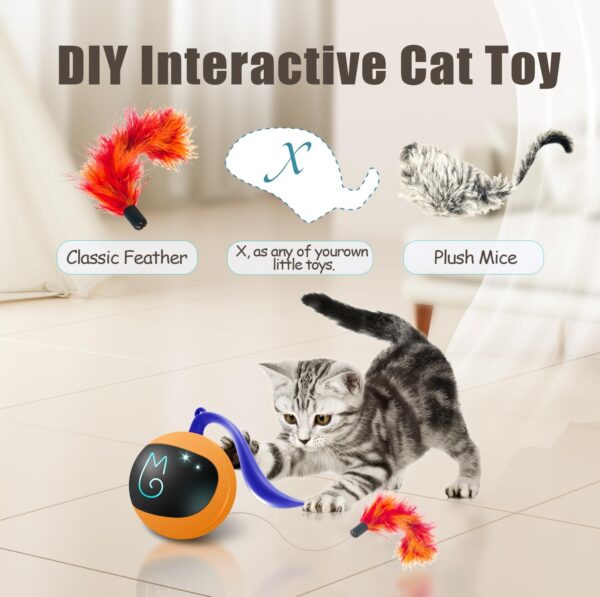 Migipaws Cat Toy, Automatic Moving Ball Bundle Classic Mice + Feather Kitten Toys in Pack. DIY N in 1 Pets Smart Electric Teaser, USB Rechargeable (Orange) - Image 3
