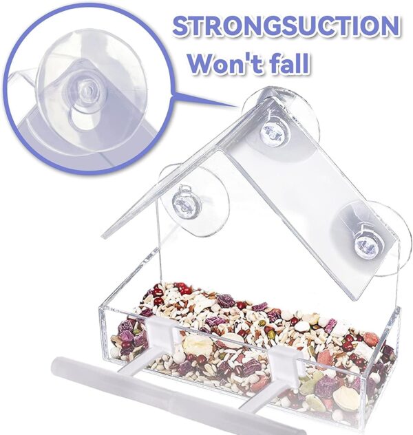 Window Bird Feeder with Strong Suction Cups,Bird Feeding Station,Clear Acrylic Hanging Bird Feeder with 3 Strong Extra Suction Cups and Seed Tray for Small Birds Decorate Your House - Image 5
