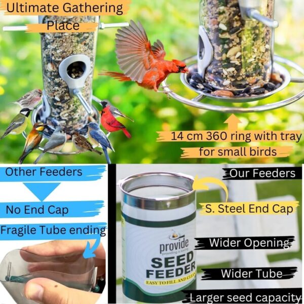 PROVIDE Large Stainless Steel bird feeder, Easy Clean Bird Seed Feeder, bird feeders for small birds, Easy Open wild Bird Feeders. Hanging Bird Feeder for seeds, bird feeders for Wild bird - Image 5