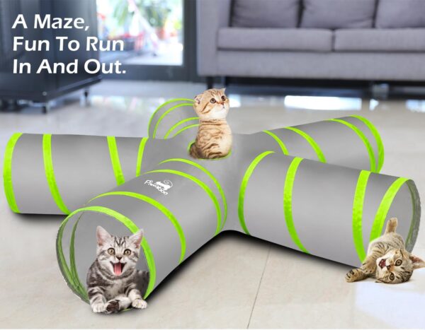 Pawaboo Cat Toys, Cat Tunnel Tube 5 Way Tunnels 25x53cm Extensible Collapsible Cat Play Tent Interactive Toy Maze Cat House with Balls and Bells for Cat Kitten Kitty Rabbit Small Animal, Grey+Green - Image 7