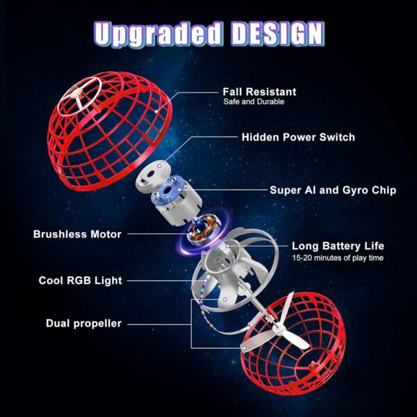 XINHOME Flying Ball Orb Toys Hover Ball Pro Flying Spinner Toy UFO RGB Cool Stuff Globe Orbi Magic Boomerang Hand Controller Mini Drone for 8 9 10 11 12 boys girls Kids (Red) - Image 2