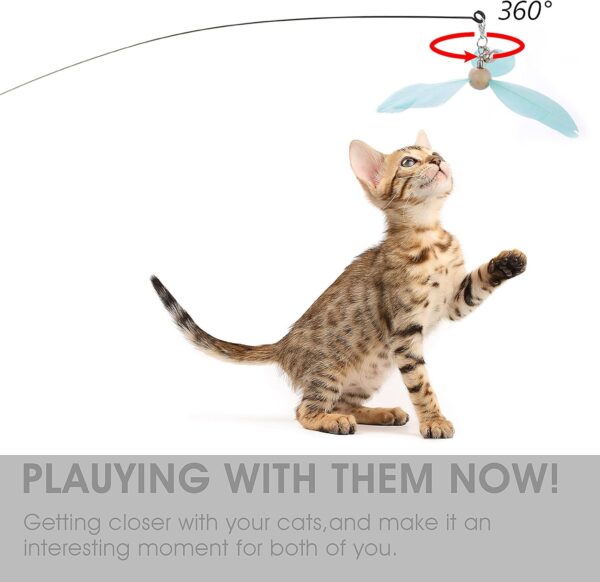cobee Cat Wand Toys, Interactive Cat Toys with 2 Feather Refills, Cat Feather Propeller Wand Toy with Bell, Cat Feather Toys Replacement Refills, Indoor Cat String Toy for Kitten Training(Blue+Pink) - Image 3