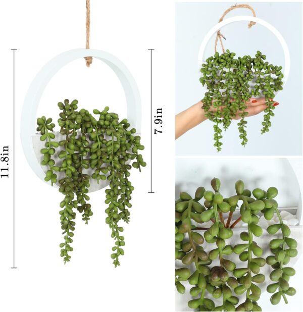 Hobyhoon Hanging Plant Artificial Succulents Fake String of Pearls Plants 12.2'' in Wooden Pot for Indoor Outdoor Wall Decor (1PCS) - Image 2
