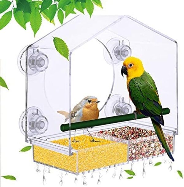 Window Bird Feeder - Extra Strong Suction Cups and Removable Seed Tray with Drainage Holes. Windowsill Birdfeeders for Wild Birds, Finch, and Cardinal. LIANGPIN Transparent Birdhouse Shape Design - Image 2