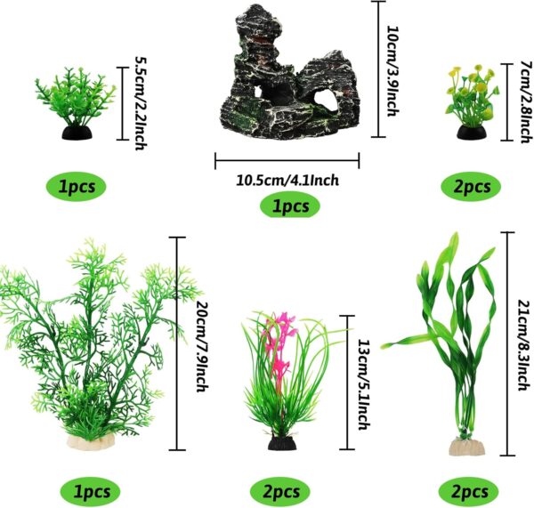 QUOZUO Fish Tank Accessories Aquarium Plants, 9pcs Green Fish Tank Decorations Plants and Cave Rock Decor Set, Aquarium Decorations Plastic Plants - Image 6
