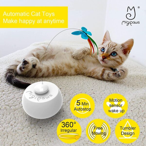 Migipaws Cat Toys,Interactive Butterfly Feather Kitten Toy,Spin with Smart Rolling Ball for Indoor Cats,Self Play Automatic Touch Senser, 3 Refills - Image 2
