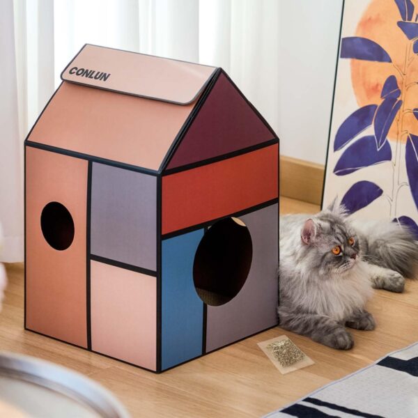 Conlun Cardboard Cat House with Cat Scratcher Pad&Catnip,Easy-to-Assemble Cat Scratch Cardboard House for Various Home Decor,Cat Scratching Board Toy for Indoor Cats&Small Animals Birthday - Image 7