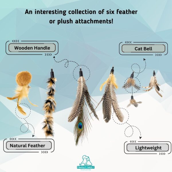 Pawfect Family® Teaser Wand with Wooden Handle and 6 Feather-Plush Attachments - Extendable und Retractable Fishing Rod Stick for Cats (SandFeatherLight, 40-102 CM) - Image 3