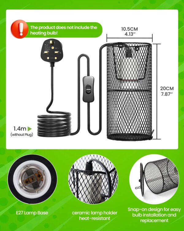 Klarlight Reptile Heat Lamp Holder with Guard, Tortoise Ceramic Heat Lamps Lampshade Holder, 200W Heat Lamp for Reptiles with Protective Bracket Cage for Bearded Dragon, Snake with Mounting Screw - Image 6