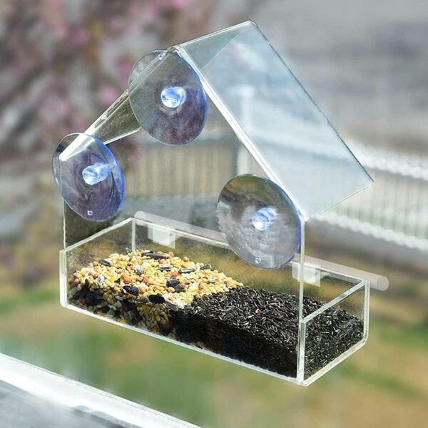 Window Bird Feeder with Strong Suction Cups,Bird Feeding Station,Clear Acrylic Hanging Bird Feeder with 3 Strong Extra Suction Cups and Seed Tray for Small Birds Decorate Your House - Image 4