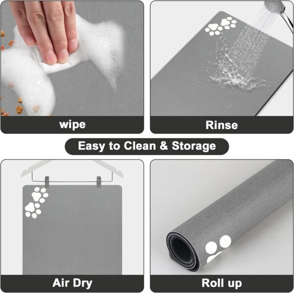 Mavicen Pet Feeding Mat, 43 * 75cm Absorbent Dog Water Bowl Mat, Personalised Dog Food Mats for Floors, Non Slip Feeding Bowl Matt, Pet-friendly Placemat for Dogs Cats, Light Grey (Paw Pattern) - Image 4