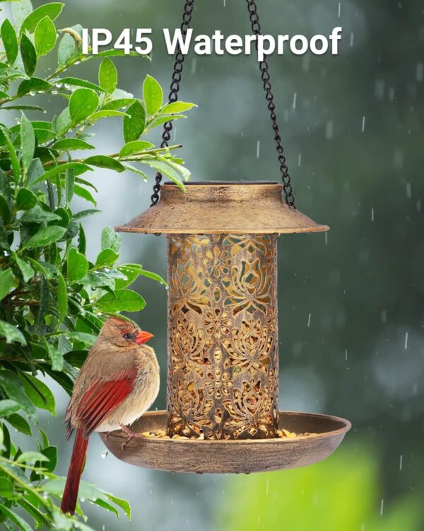 Solar Bird Feeder for Outdoors Hanging, Metal Wild Bird Feeder Squirrel Proof for Cardinals Solar Garden Lantern with S Hook as Gift Ideas for Bird Lovers(Copper) - Image 6